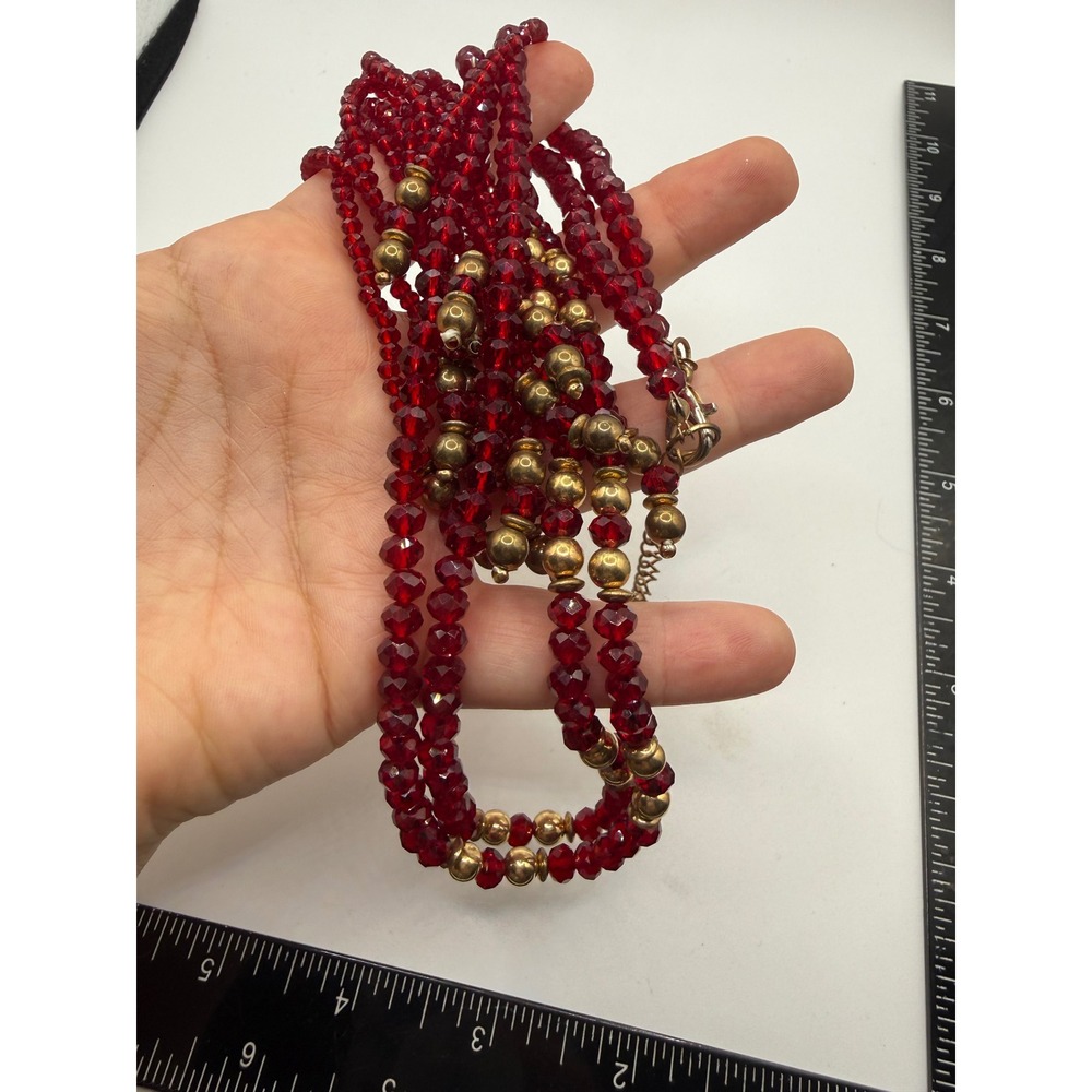 Vintage Style Ruby Red Faceted Glass Bead Tassel Necklace Gold Tone Long Chain - Picture 3 of 3